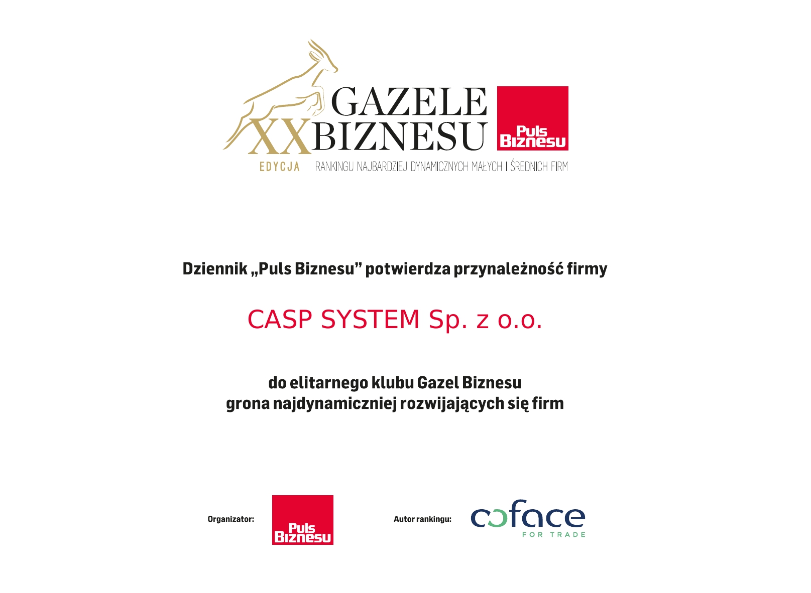 Gazele Biznesu 2019 - dyplom - casp system